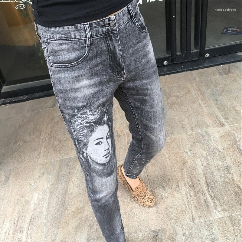 

Men's Pants Densign 2022 Korean Fashion Men Brand Portrait Printing Slim Casual Hiphop Denim School Teenager Pencil Jeans, Gray
