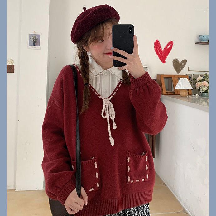 

Women' Sweaters Woman Chandails Sweater Loose Slimming V-Neckline Knitwear Autumn Winter, Red