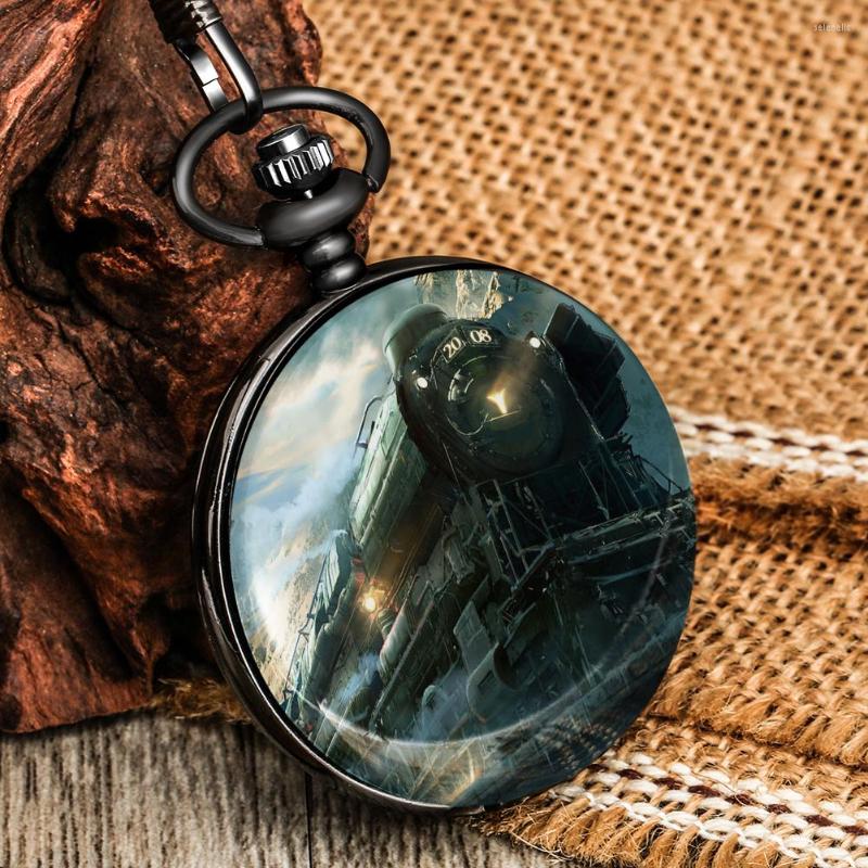 

Pocket Watches Retro Steampunk Train Pattern Quartz Watch Vintage Digital Dial Thick Chain Pendant Necklace Collect Souvenirs Gift