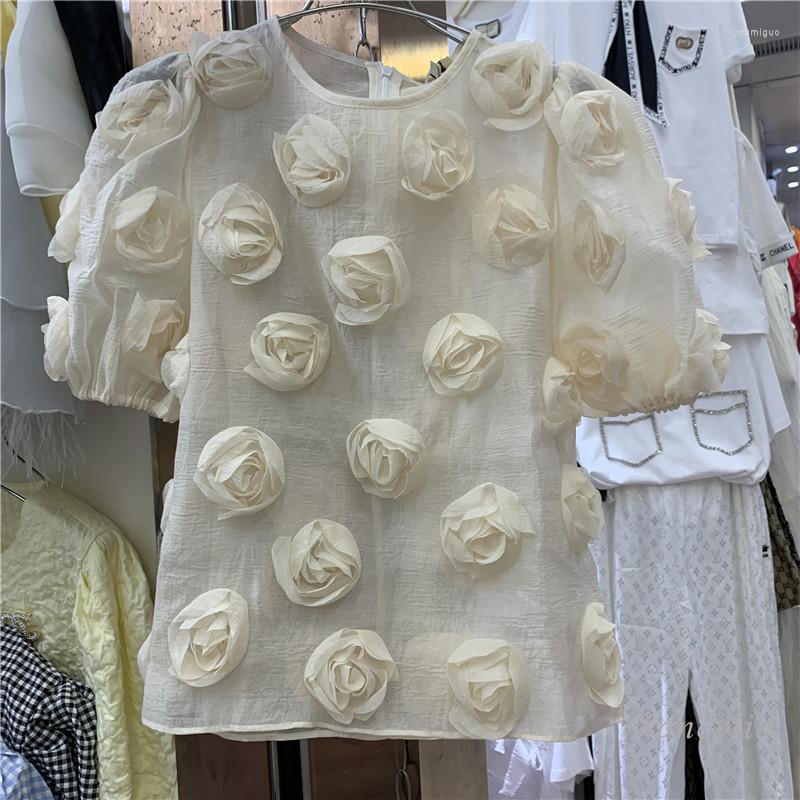 

Women' Blouses Summer Women' Clothing Three-Dimensional Rose Flower Chiffon Shirt Solid Color Loose Micro Transparent Blusas Tops, Pink