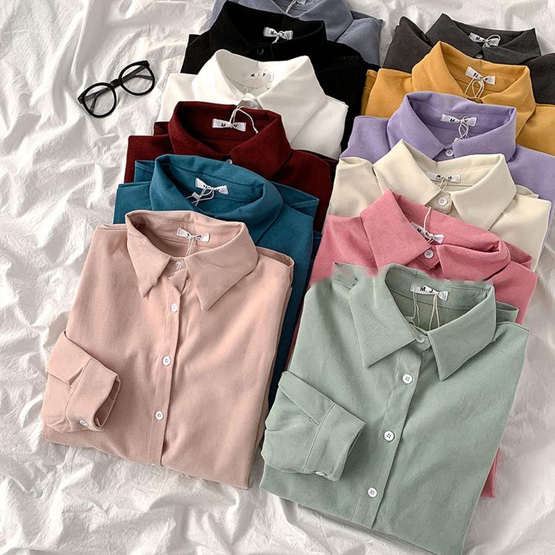 

Women's Blouses Simple Design Long Sleeve Shirt Ladies Spring Autumn Women Tops Korean Fashion Clothing Solid Color Loose White