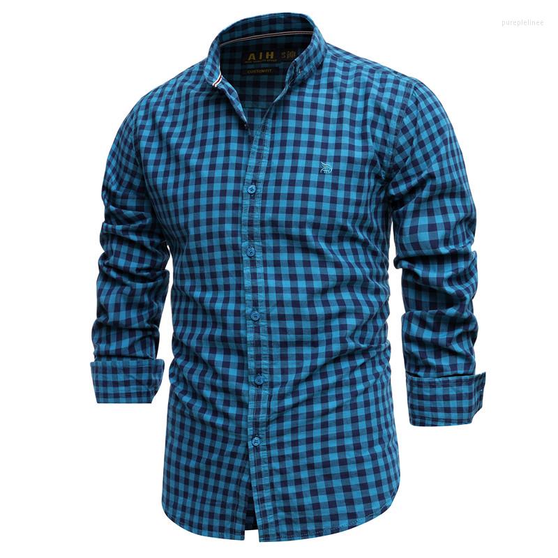 

Men's Casual Shirts 2022 Spring Cotton Plaid Shirt Men Slim Fit Mens Dress Brand Long Sleeve Black High Quality For, Green