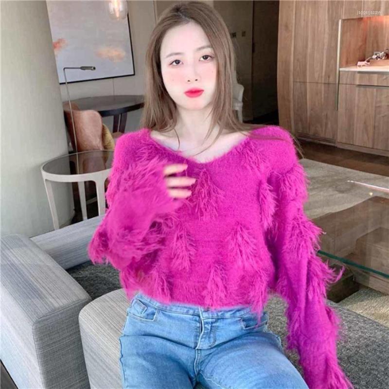 

Women's Sweaters 2022 V-neck Mink Fake Fur Mohair Sweater Women's Thickened Pullover Base Winter Loose PullMohair, White