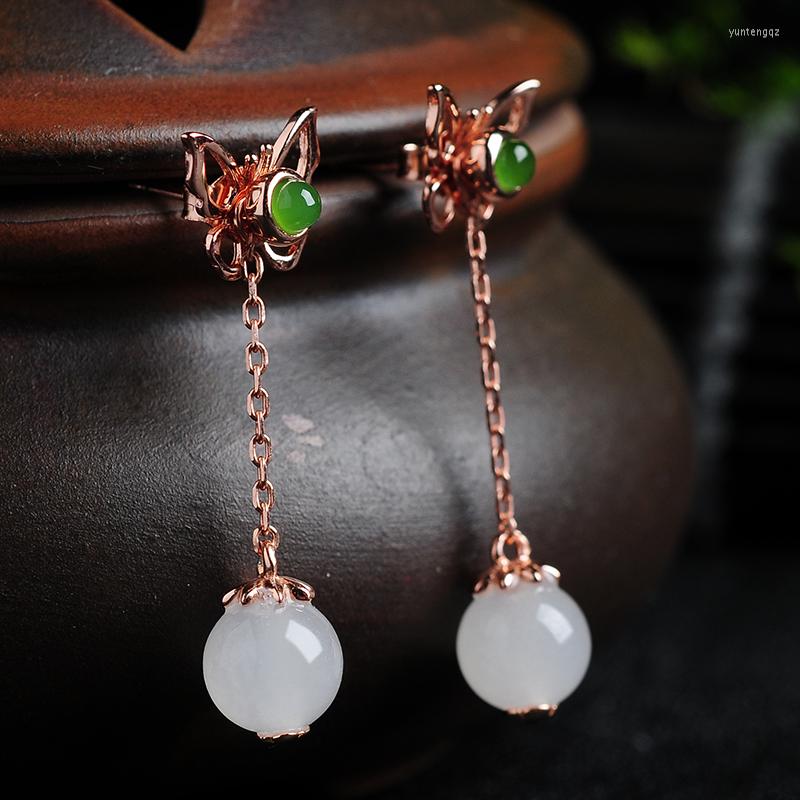 

Dangle Earrings Four Wear White Jade 925 Silver Women's Classic Simple Ear Nails Hollow Butterfly And Tianyu Ball-pearl