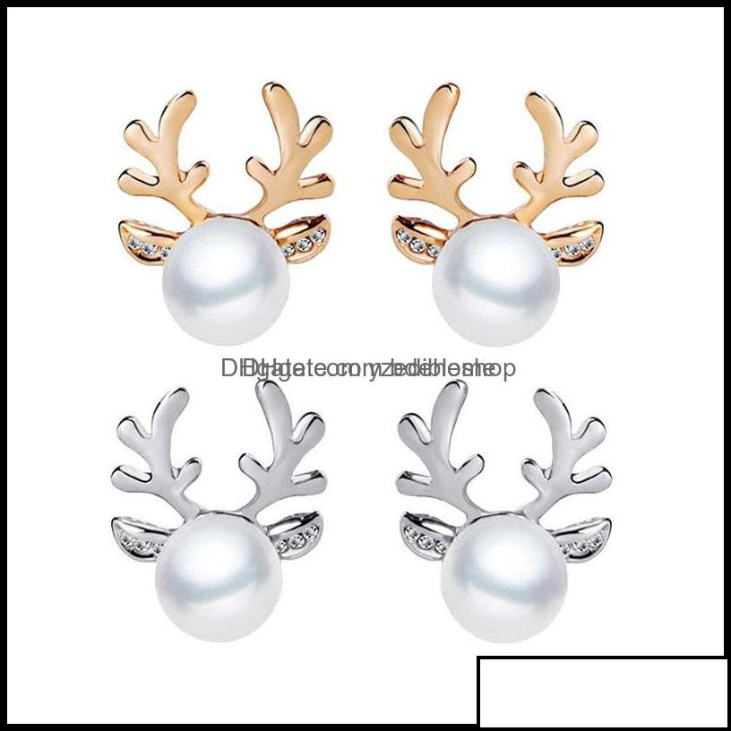

Stud Stud Earrings Jewelry Luxury Pearl Antlers Christmas Reindeer Elk Animal Rhinestone Crystal Sier For Women Girls Fashion Drop D Otryf