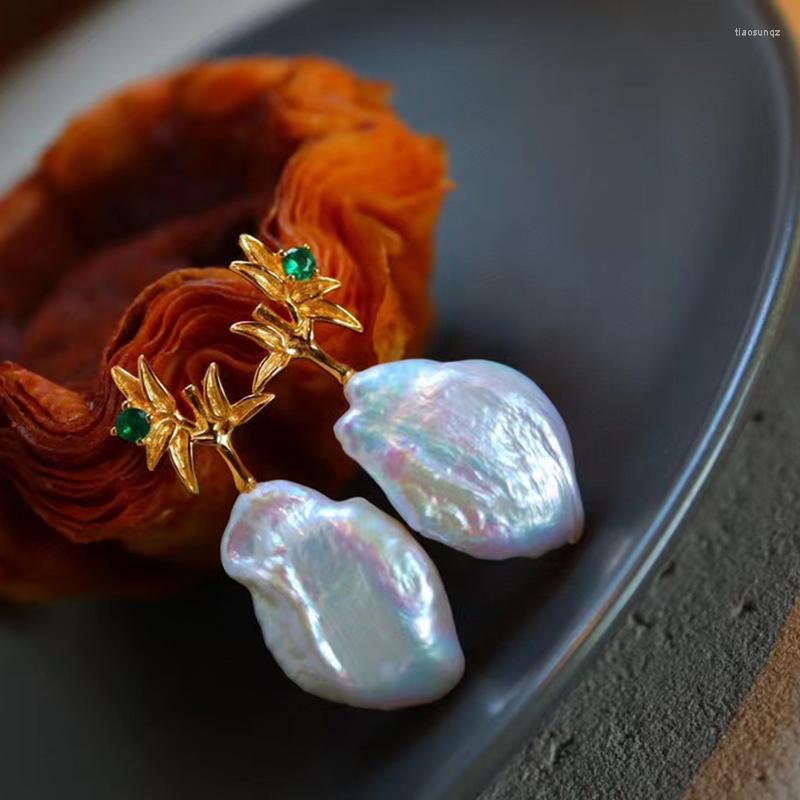 

Stud Earrings Sterling Silver Plated 18K Gold Nails Feminine Advanced Sense Baroque Pearl Retro