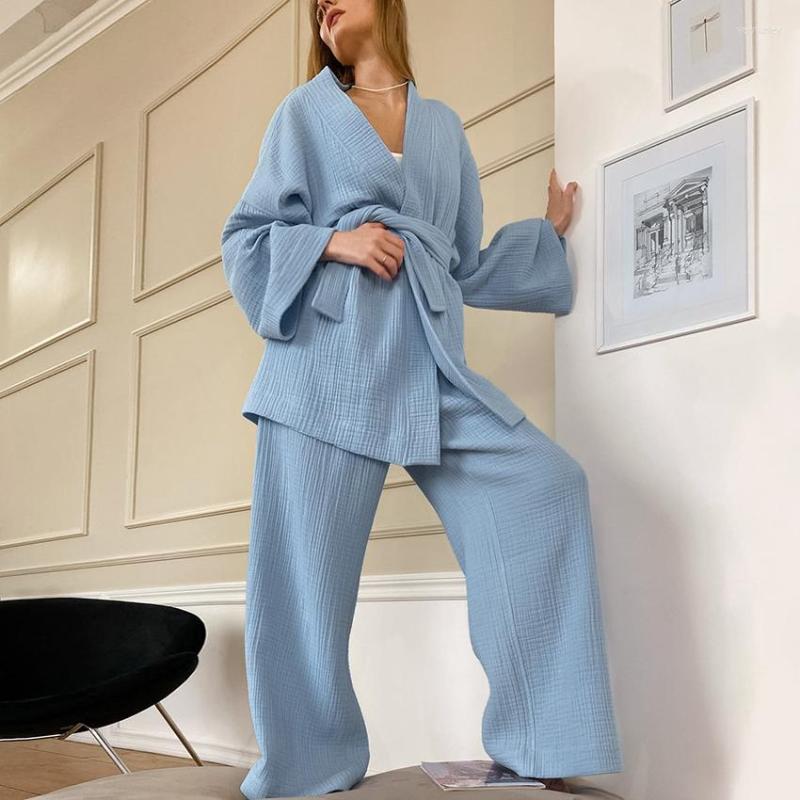 

Women' Sleepwear Cotton Women Pajama Robe Sets Flare Sleeve Nightgown Set Woman 2 Pieces Robes Lace Up Casual Trouser Suits, Black
