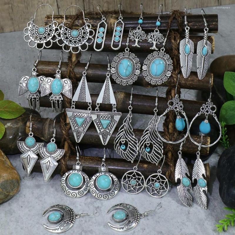 

Dangle Earrings 14-15 Pair Vintage Bohemian Blue Stone Set For Women Ethnic Silver Color Geometric Drop Jhumka Jewelry