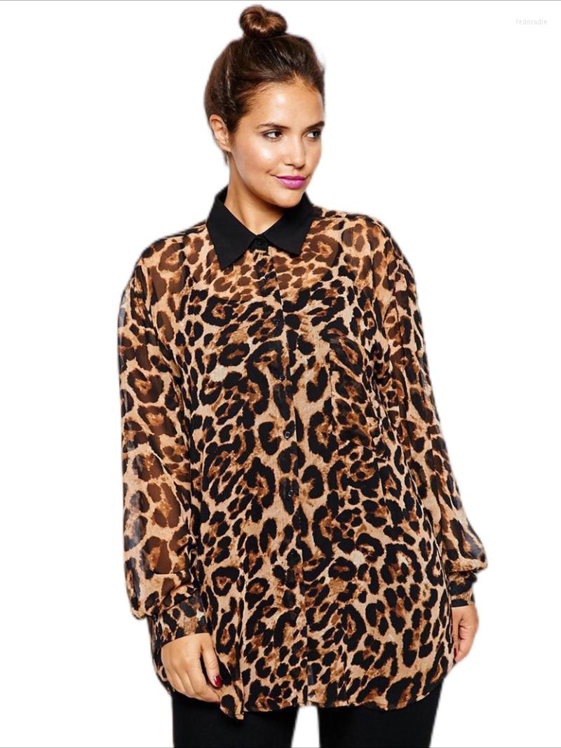 

Shirt Plus Size Long Sleeve Casual Leopard Print Blouse Women Loose Oversize Button Front Female Large Tops