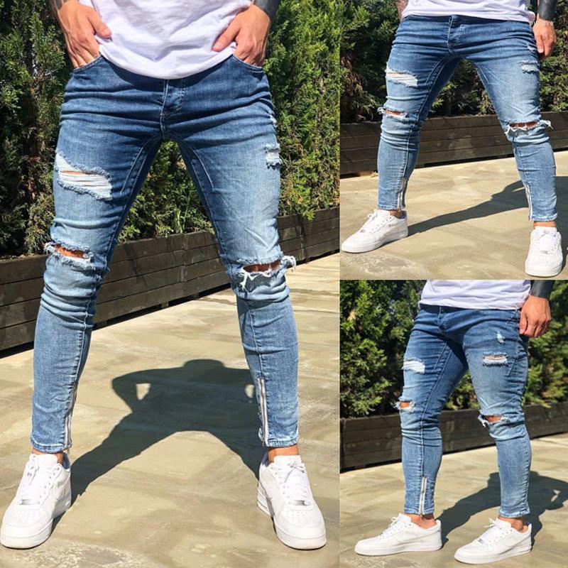 

Men's Pants Fashion 2022 High Quality European American Men's Ripped Ankle Pencil Cut Stretch Small Feet Blue Denim Jeans Men