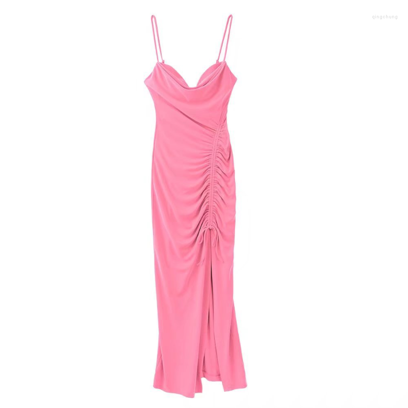 

Casual Dresses Ruffled Trim Split Midi Slip Dress For Women Summer Solid Spaghetti Strap Sexy, Black