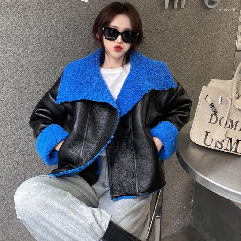

Women' Leather Women Fall Winter Handsome Faux Lambswool Liner Bomber Jacket Turn Down Collar PU Sticthing Fleece Fur Cardigan, Black