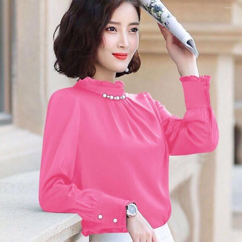 

Women' Blouses Korean Fashion Silk Women Beading Satin Long Sleeve Shirts 5XL Blusas Femininas Elegante Ladies Tops, White