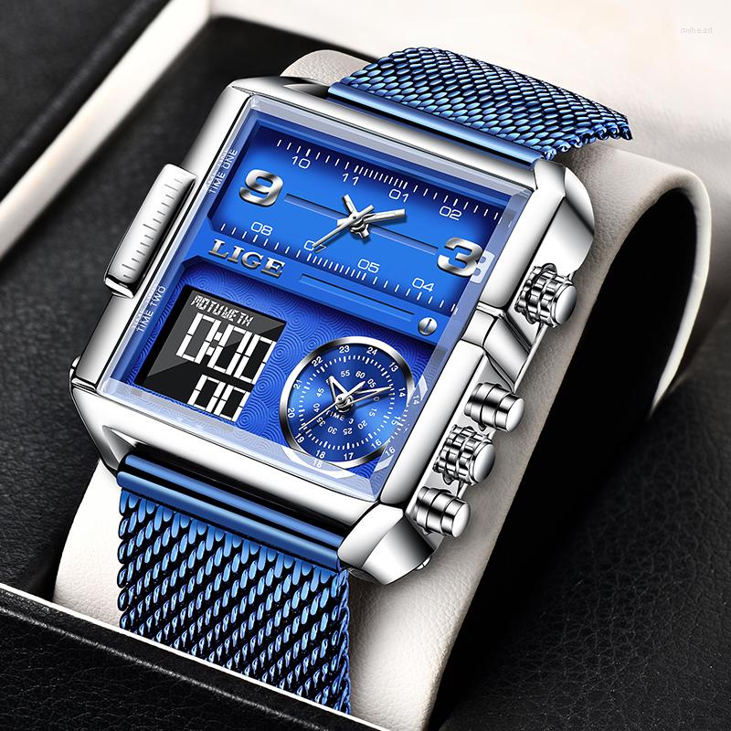

Wristwatches LIGE Luxury Men Digital Sports Watches LED Square Dial Analog Quartz Wrist Watch Multi-Time Zone Waterproof Stopwatch Male, Mesh strap blue
