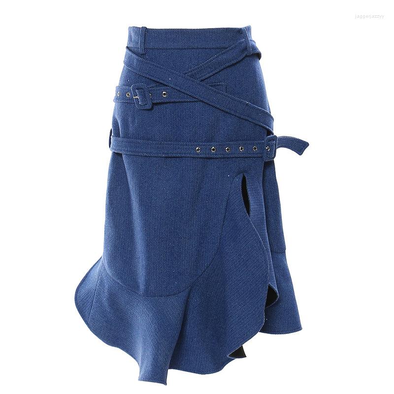 

Skirts SeeBeautiful Irregular Ruffles Stitching Thick Half-body Skirt Belt High Lace Up Women 2022 Autumn Fashion Tide Q838, Blue
