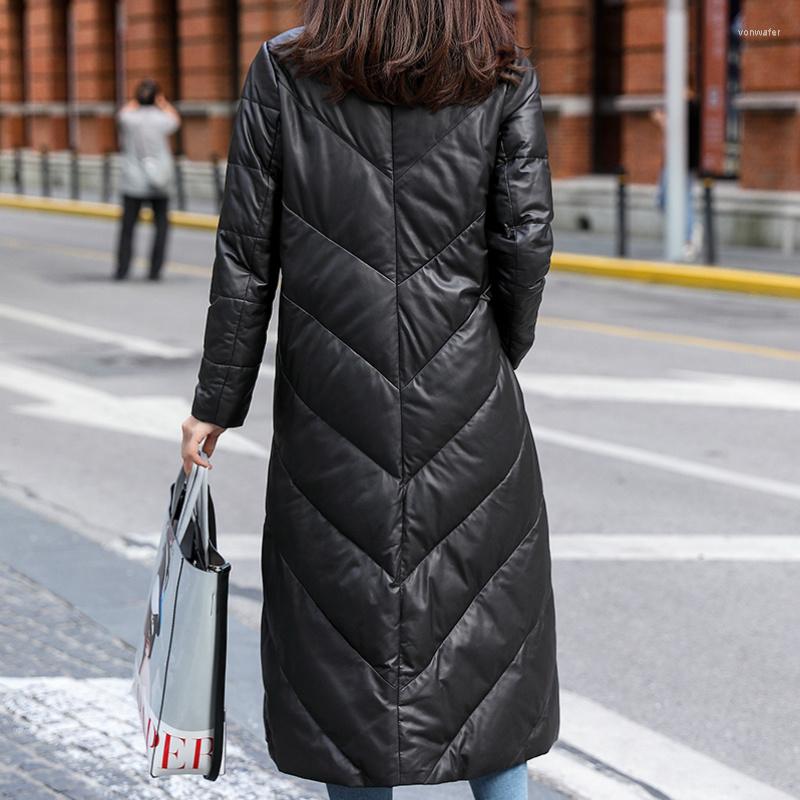 

Women's Leather Genuine Winter Jacket Women Real Sheepskin Coat Female Warm Long Down Coats Outwear LWL22099, Black
