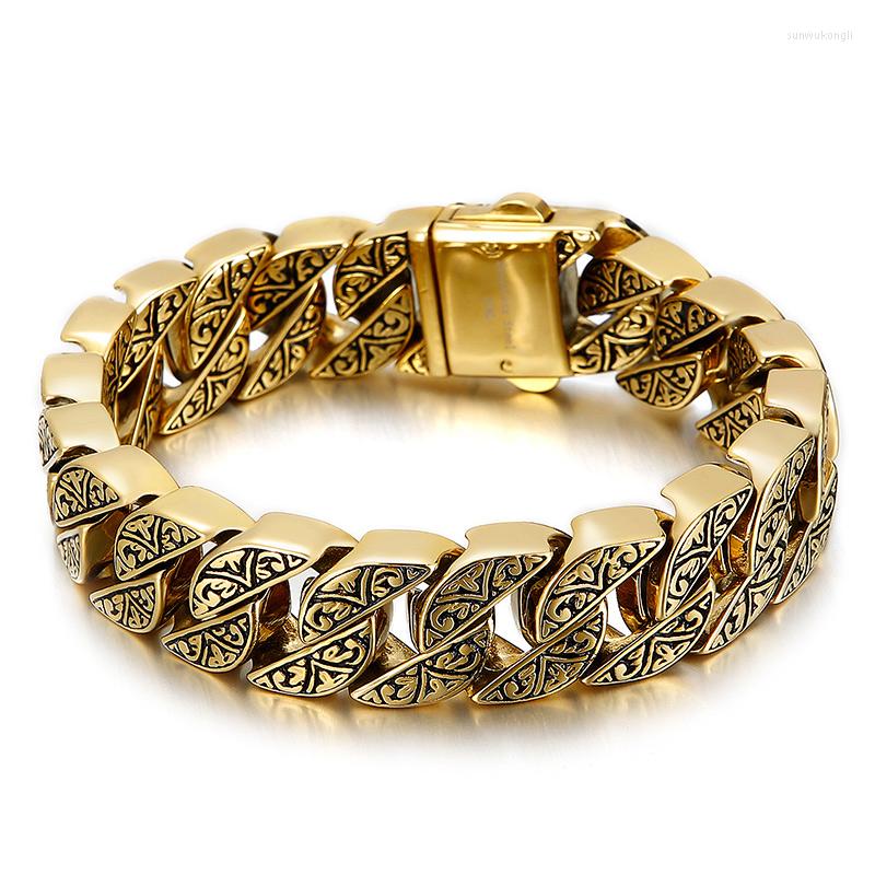 

Charm Bracelets Vintage Curb Cuba Chain Unique Carving Stainless Steel For Men Punk Link Jewelry