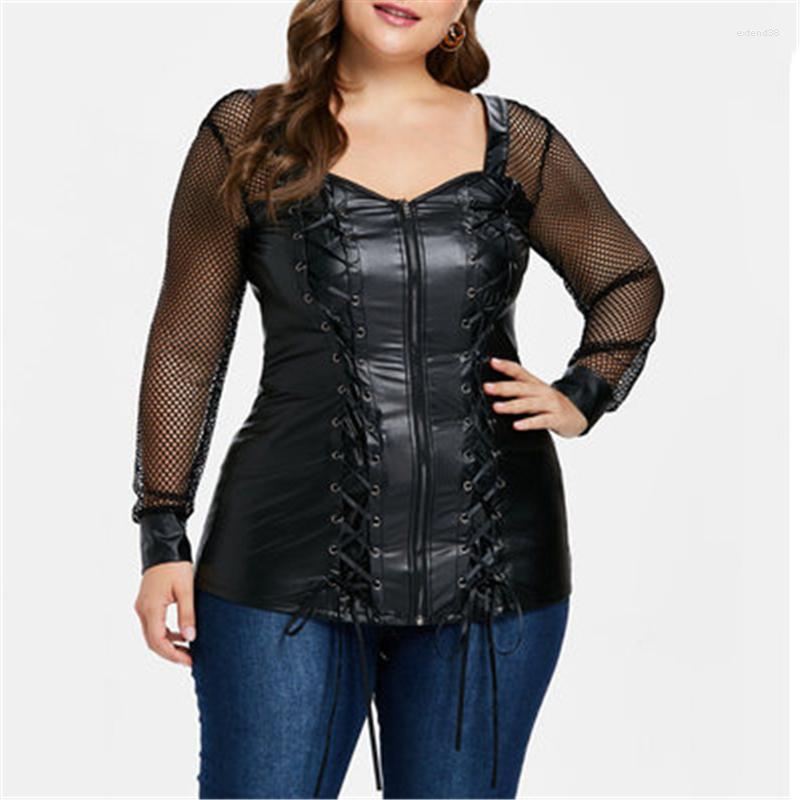 

Women's Leather Summer Women PU Pullover Women's Clothing Female T-shirts Hollow Out Tops Rope Zipper Lace T736, Black