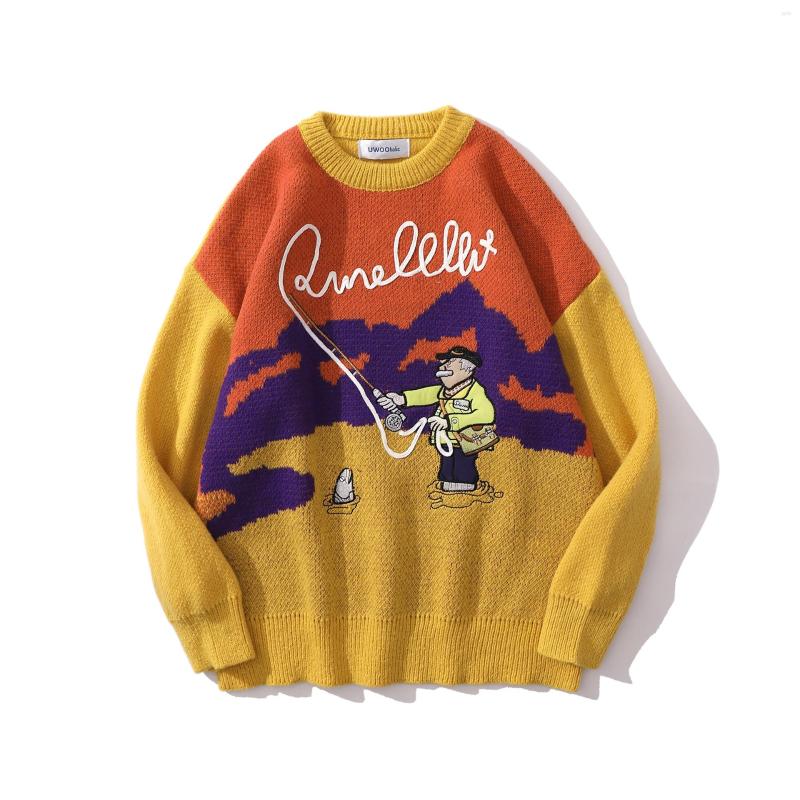 

Men's Sweaters Autumn Winter Couple Pullovers Ins Retro Fun Cartoon Fisherman Jacquard O-neck Sweater Men And Women Unisex Knitted Top, Picture shown