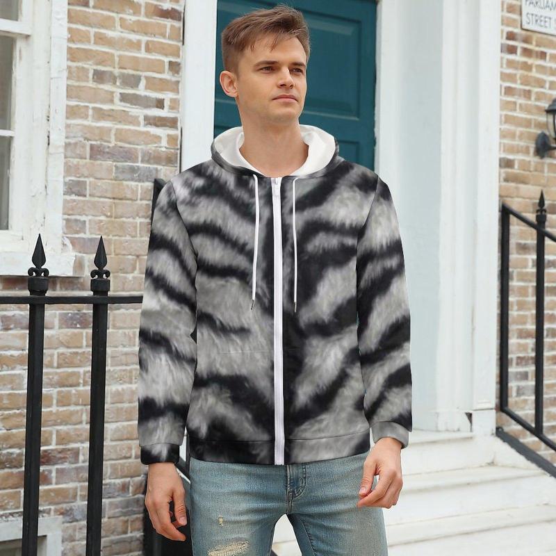 

Men' Hoodies White Tiger Print Animal Skin Fur Polyester Zip Up Hoodie Fashion Warm Over Size, Style-19