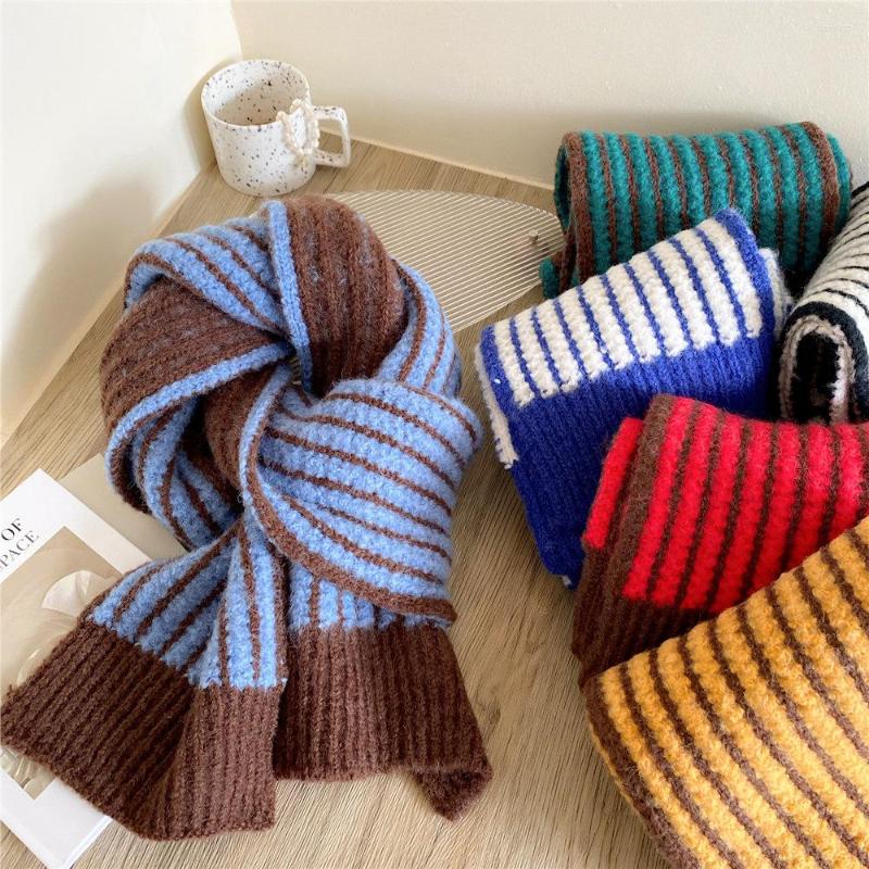 

Berets Girls Striped Knitted Scarf Women's Winter Muffler Long Fashion All-match Thick Warm Woolen For Students Neckerchief, 1yellow brown