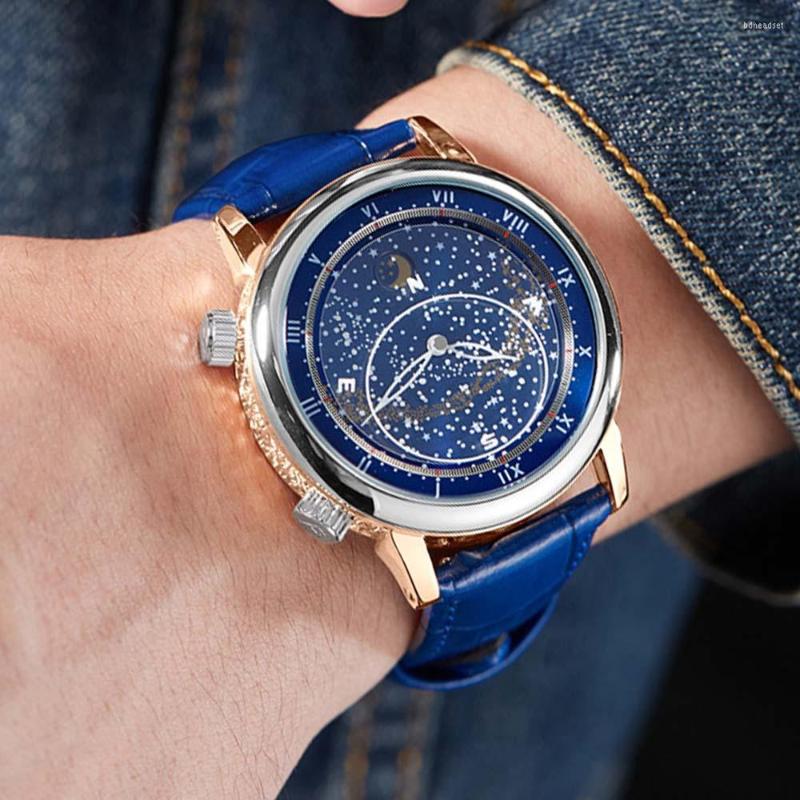 

Wristwatches 2022 PP Mens Watches Automatic Mechanical Rotate WristWatch Gypsophila Sky Moon Phase Luminous Male Clocks, B47-05