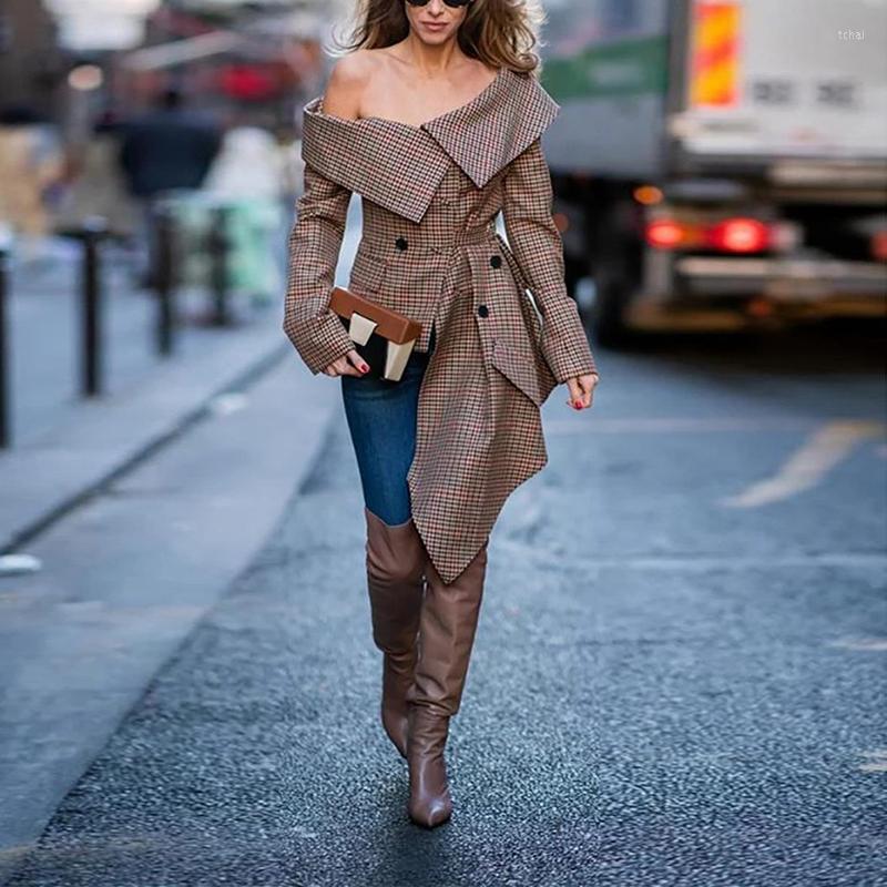

Women' Trench Coats Sexy 2022 Ladies Elegant Off-shoulder Jacket Loose Check Irregular Shawl Lapel Plaid Cool Slim Female Autumn Coat, Camel tops
