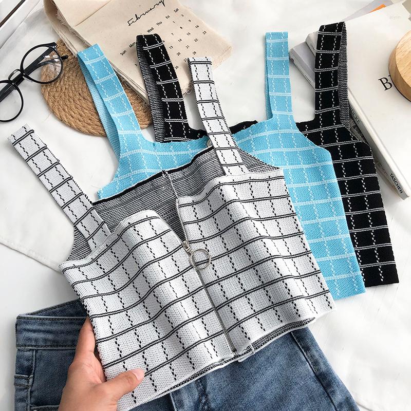 

Women's Tanks Knitted Button Up Plaid Camis Women Screw Thread Casual Top Back Zipper Short Tank Summer 2022 Fashion Clothing, Black