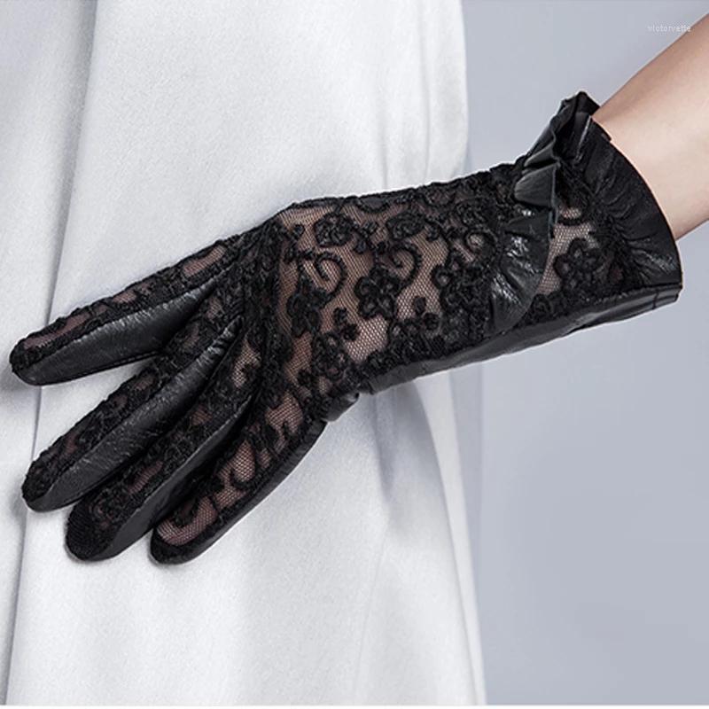 

Five Fingers Gloves Spring Women Genuine Leather Ladies Elegant Women's Black Driving Anti-UV Touch Screen Lace Mittens 2022