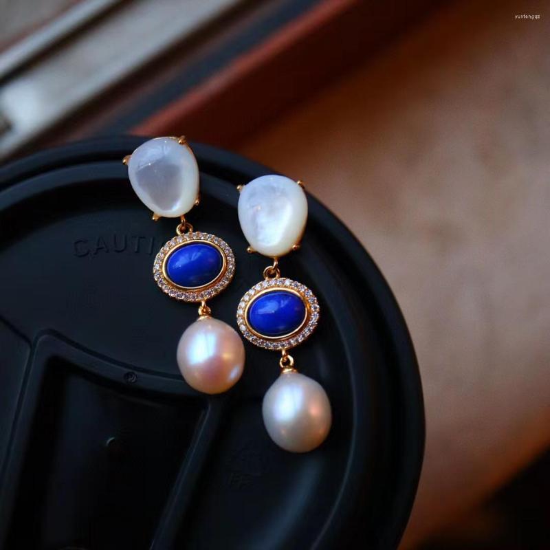 

Dangle Earrings 925 Sterling Silver Pearl For Women Female Long Natural Stone Lapis Lazuli Wedding Gift Fine Jewelry