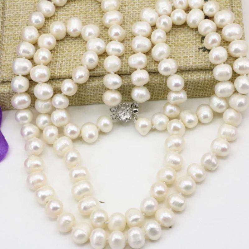 

Chains 8-9mm Natural White Freshwater Cultured Pearl Nearround Beads Necklace For Women 2 Rows Chain Gifts Choker Jewelry 18inch B3229