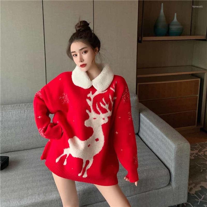 

Women's Sweaters Winter Warm Sweater Female Korean Loose Christmas Deer Wool Thickened Top Streetwear Women, Red