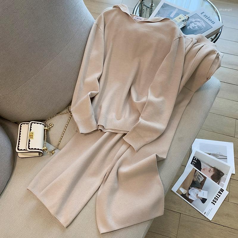 

Women's Two Piece Pants Fashion Casual Knitted Pieces Sets Long Sleeves Loose Sweater Kintting Wide Leg Female Winter Set, Caramel color