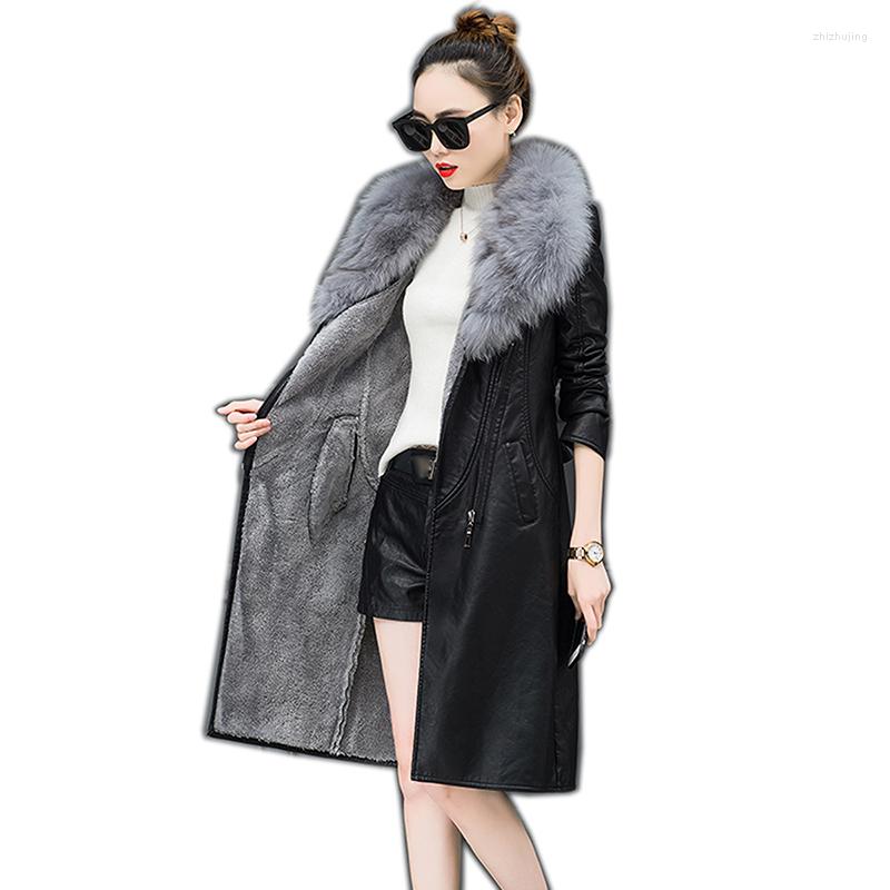 

Women's Leather Medium Syle Slim Coats 2022 Winter Warm Jacket Women Coat Female Fashion Big Fur Collar, Black