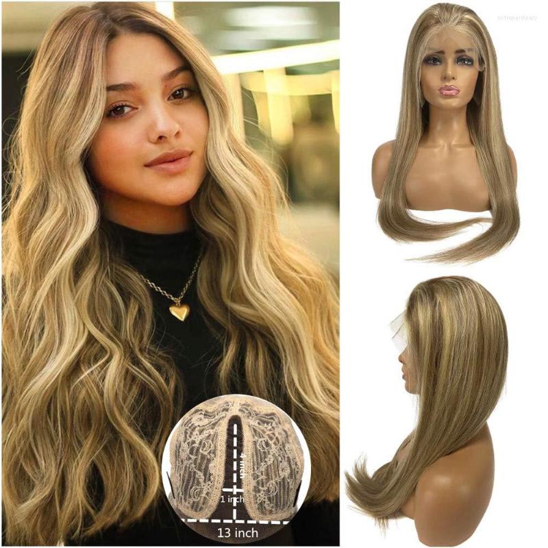 

Straight Blonde Highlights 13x1 Lace Front Wigs Ombre Balayage Glueless Pre Plucked T Part Frontal Bleached Knots Human Hair Wig, Picture shown