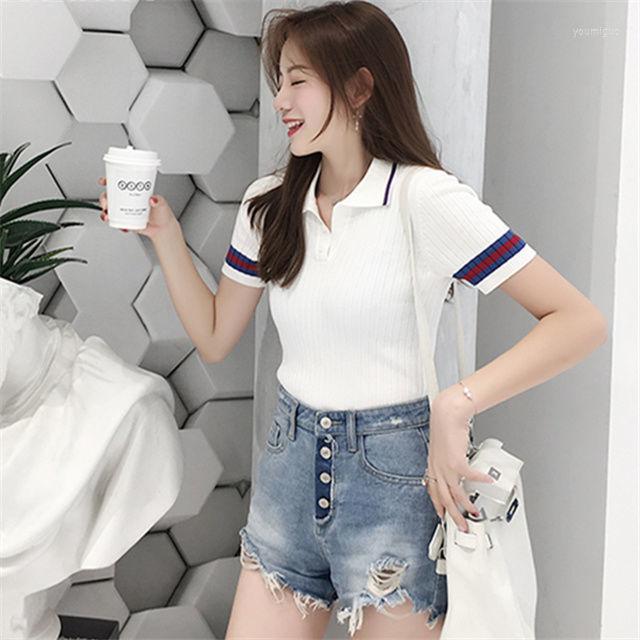 

Women' T Shirts Woman TShirts 2022 Summer Turn-down Doll Collar Knitwear Polo Striped Short Sleeve T-shirt Tops Women Crop Top Mujer, Blue