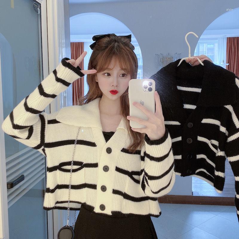 

Women' Knits Woman Sweaters Cardigan Winter Long Sleeve Flab Hiding Sweater Women' Lapel Contrast Color Striped Loose Knitted, Black