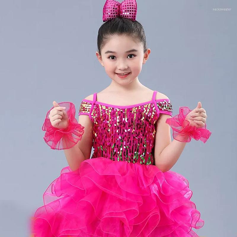 

Stage Wear Kids Hip Hop Clothing Sequined Dancing Dress Girls Jazz Dance Costume Toddler Weeding Princess Party Clothes, Rose red dress