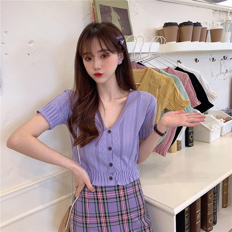 

Women's T Shirts Woman TShirts Women's Knitted Cardigan Summer V-neck Coat Short-Sleeved Top Crop Mujer Camisetas, 01