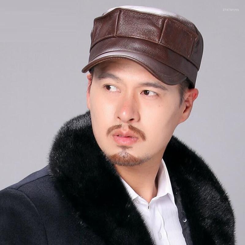 

Berets Leather Cap Men's Fall Winter Flat Top Visor Hat Cowhide Casual Solid Color Middle Aged Elderly Male Fashion Forward Caps H6979, Black