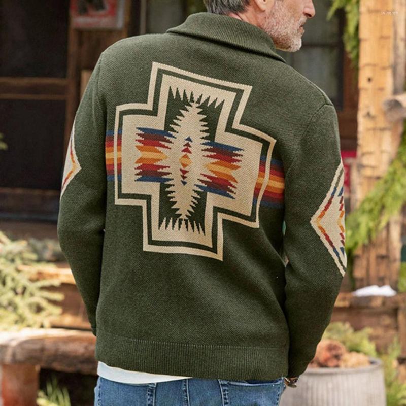 

Men's Sweaters Trendy Men Sweater Coat Turn-down Collar Knitwear Winter Pockets Outwear For Home, Army green