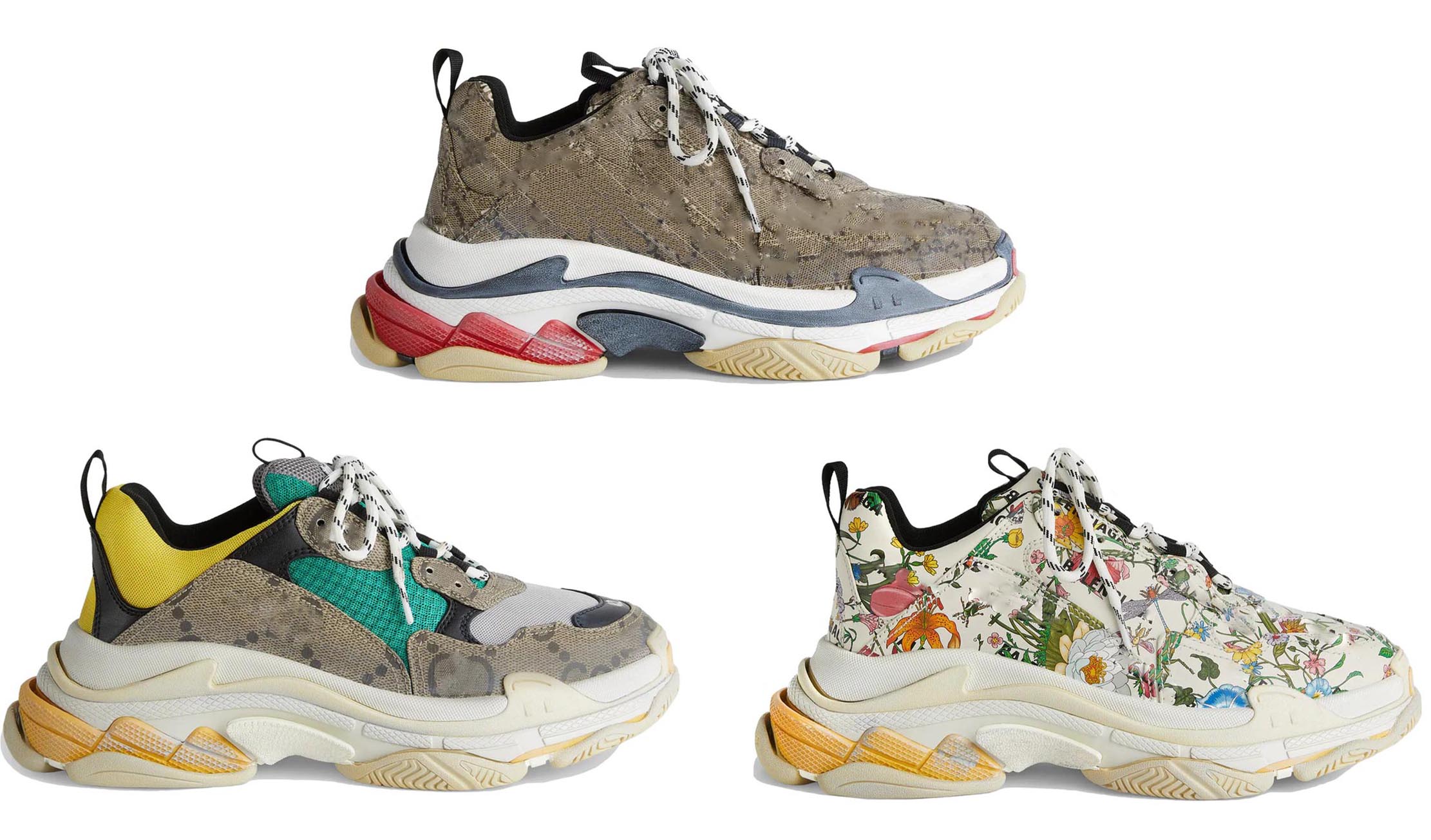 

Authentic The Hacker Project Triple S Shoes Beige Green Yellow Flora Print Men Women Trainers Old Dad Platform Sneakers Paris 17FW Sports With Original Box Size 36-46