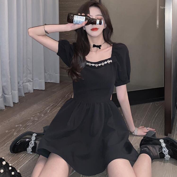 

Casual Dresses Women Puff Sleeve Square Collar Dress Hollow Out Vestido De Mujer Femme Robe, Black