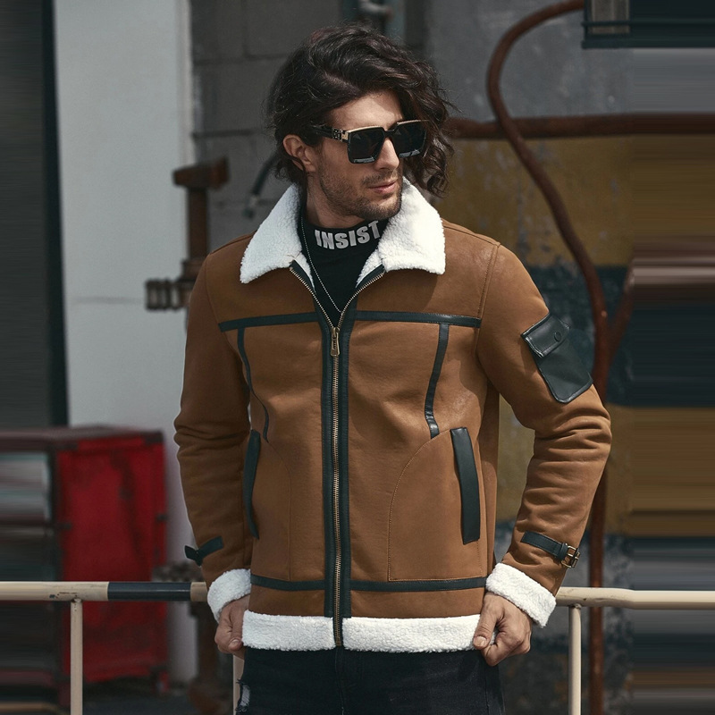 

Men's Classic Casual Jackets with Plush Lamb Faux Shearling Stand Collar Fur Bomber Leather Jacket, Coffee