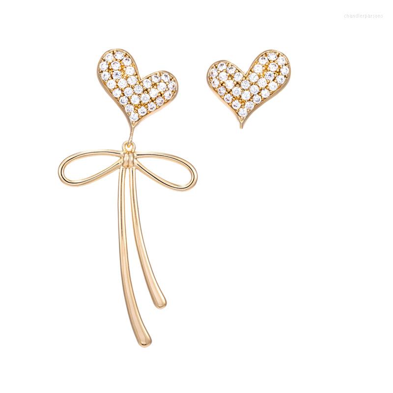 

Stud Earrings AB Heart S925 For Women Cubic Zirconia Bowknot Pin Gold Plated Party Wedding Jewelry