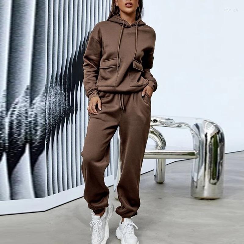 

Women' Two Piece Pants Casual Women Tracksuit Sets Pocket Lace Up Hoodie And Drawstring Jogging Pant Sportwear Suit Fashion Chic Outfits, Brown