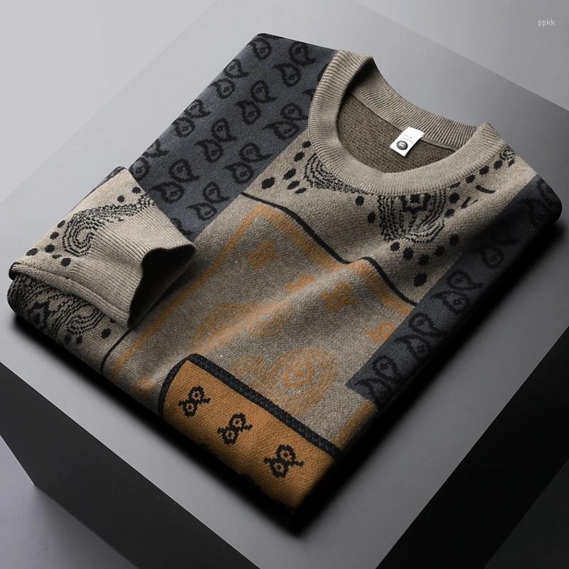 

Men's Sweaters Luxury High End Trend Cashew Nut Flower Round Neck Sweater Men's 2023 Autumn Winter Korean Youth Slim Fit Warm Pullover, Khaki