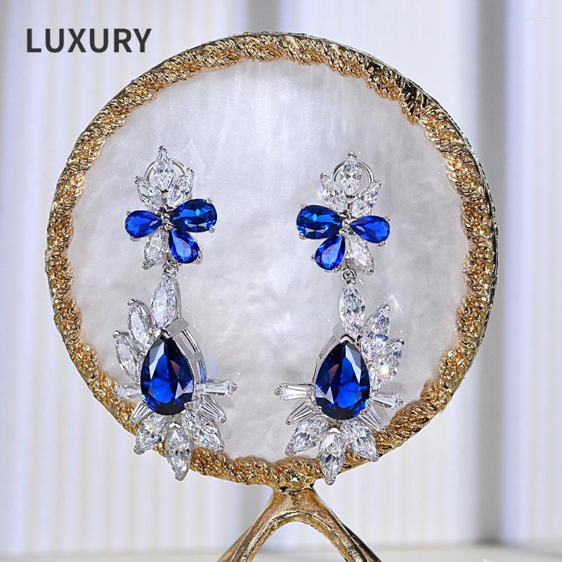 

Dangle Earrings Luxury S925 Sterling Silver Drop Shaped Sapphire Diamond Long Women's Wedding Anniversary Party Jewelry
