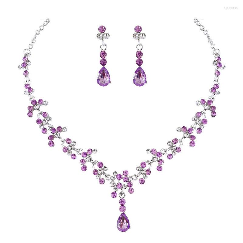 

Necklace Earrings Set Women's Dangling With Color Retention Purple Rhinestones Hypo-allergenic Alloy Jewelry For Bridesmaid, Picture shown