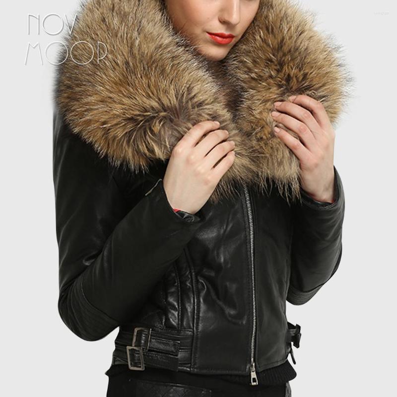 

Women' Leather Winter Women Black Yellow Red Genuine Lambskin Parka Coat Jacket Real Raccoon Fur Collar Casaco Feminino Ropa LT2544, Black per pic